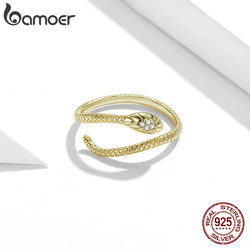 BAMOER 925 Silver Platinum Plated Green Zircon Snake Ring