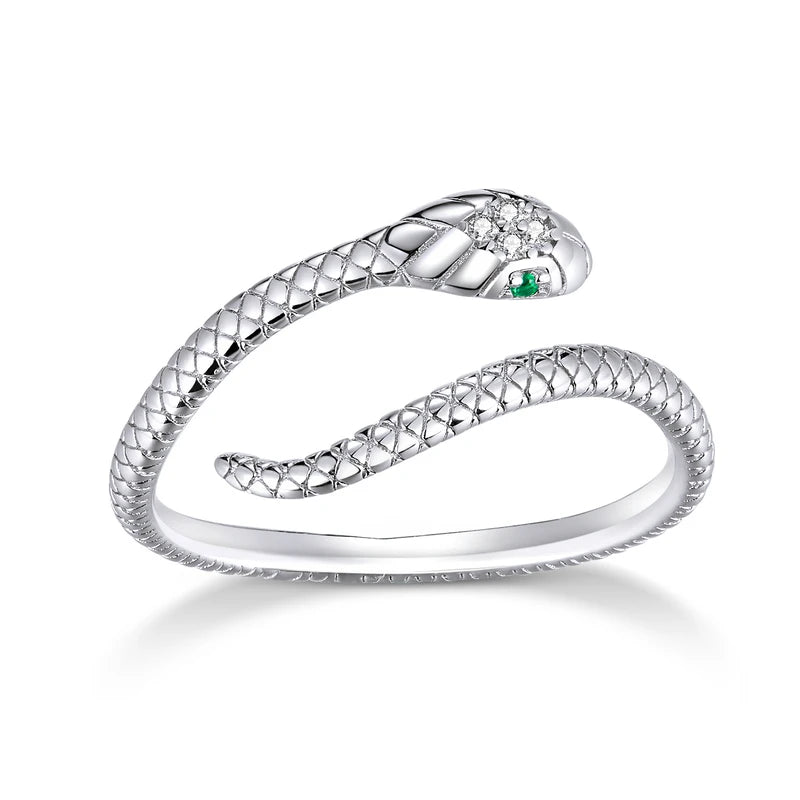 BAMOER 925 Silver Platinum Plated Green Zircon Snake Ring