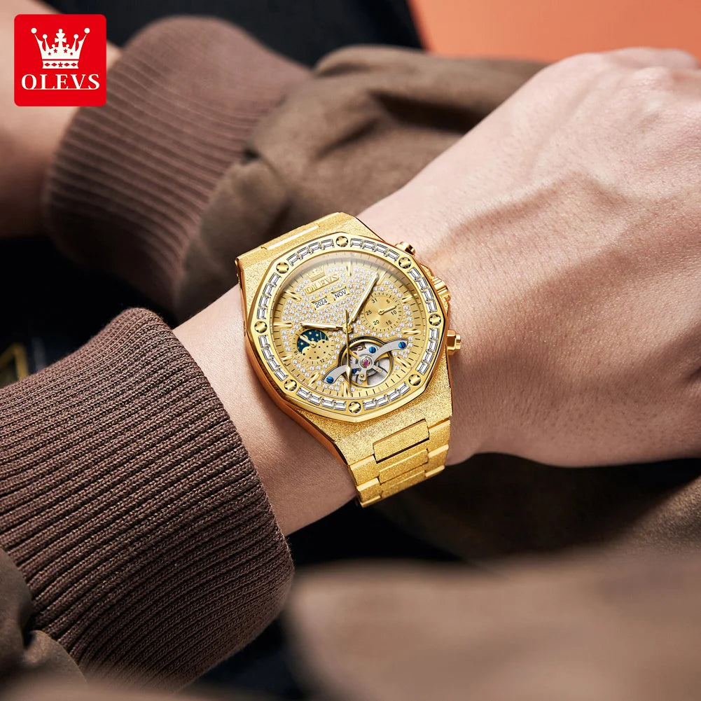 OLEVS 9805 Luxury Mechanical Men’s Watch – Moon Phase, Diamond Dial, Skeleton Design, Waterproof