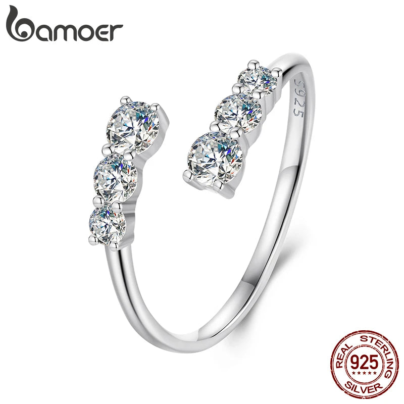 BAMOER Moissanite Adjustable 925 Silver Ring – Elegant White Gold Plated Engagement Jewelry