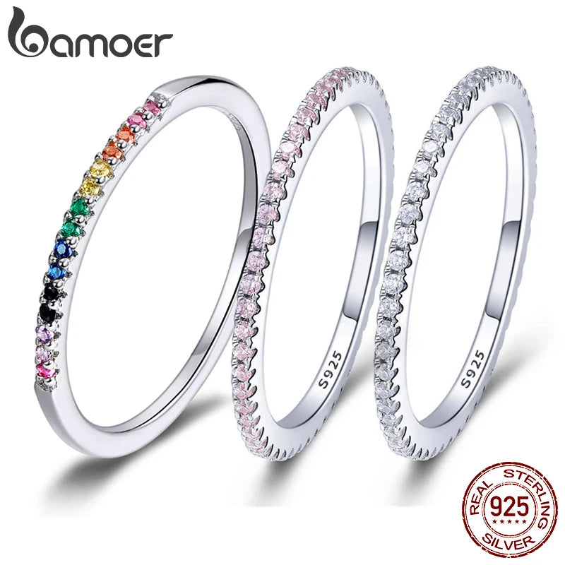 BAMOER 925 Sterling Silver CZ Pave Stackable Ring – Gold Plated Eternity Band