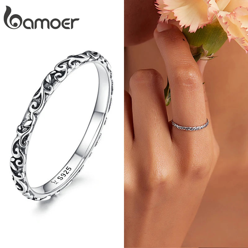 BAMOER 925 Silver Vintage Vine Band Ring for Women
