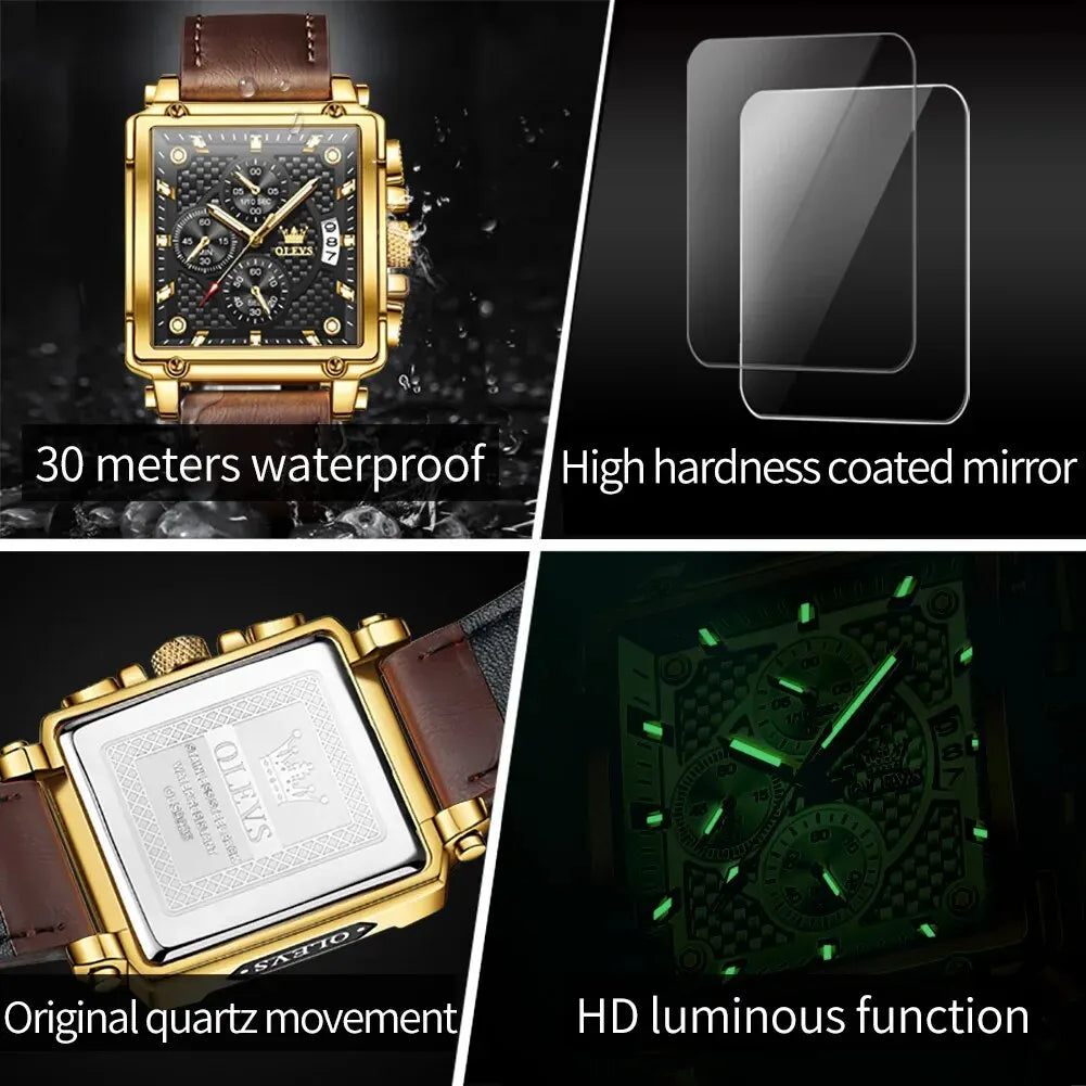 OLEVS Men’s Square Quartz Watch – Leather Strap, Waterproof, Luminous Chronograph, Luxury Sports Design