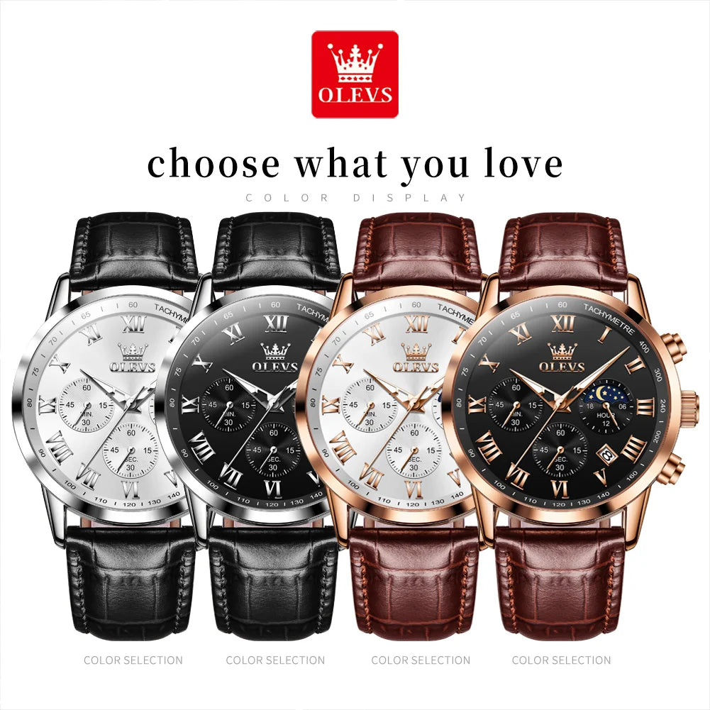 OLEVS Men’s Luxury Quartz Watch – Leather Strap, Waterproof, Moon Phase, Sport & Business Design
