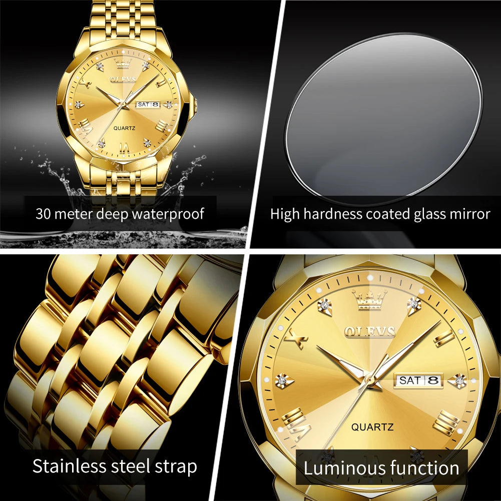 OLEVS Luxury Men’s Quartz Watch – Gold Stainless Steel, Waterproof
