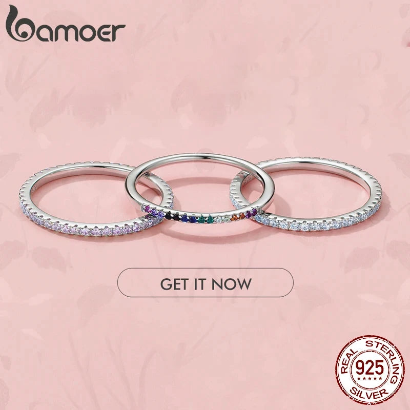BAMOER 925 Sterling Silver CZ Pave Stackable Ring – Gold Plated Eternity Band