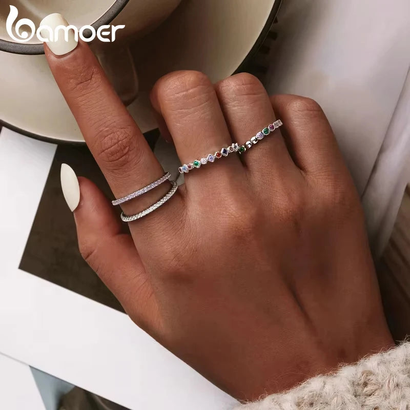 BAMOER Rainbow Zircon Stackable Ring