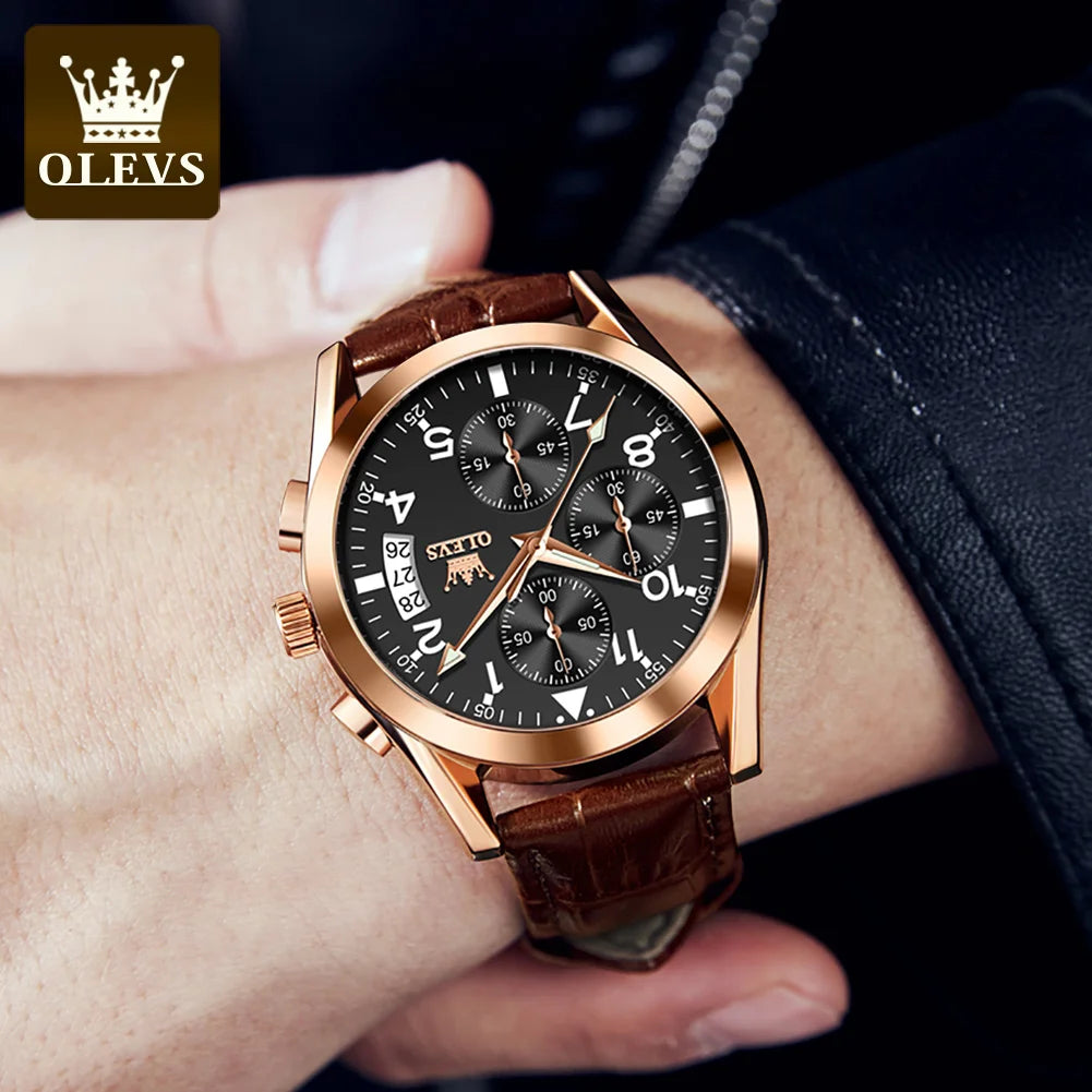 OLEVS 2878 Luxury Men’s Quartz Watch – Leather Strap, Waterproof, Luminous, Multifunctional Business & Sports Design