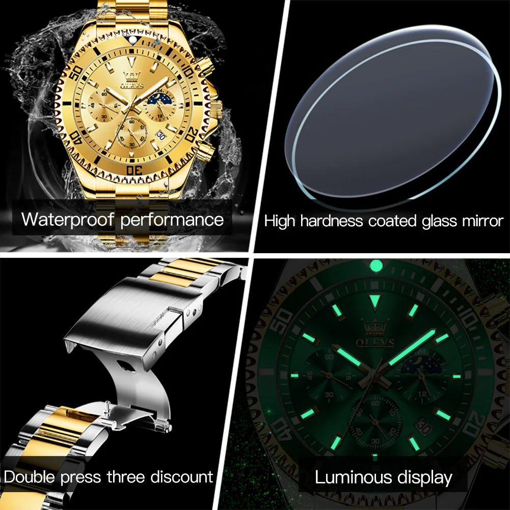 OLEVS 2870 Luxury Men’s Golden Watch – Fashion & Business Design, Waterproof, Moon Phase, Quartz Wristwatch