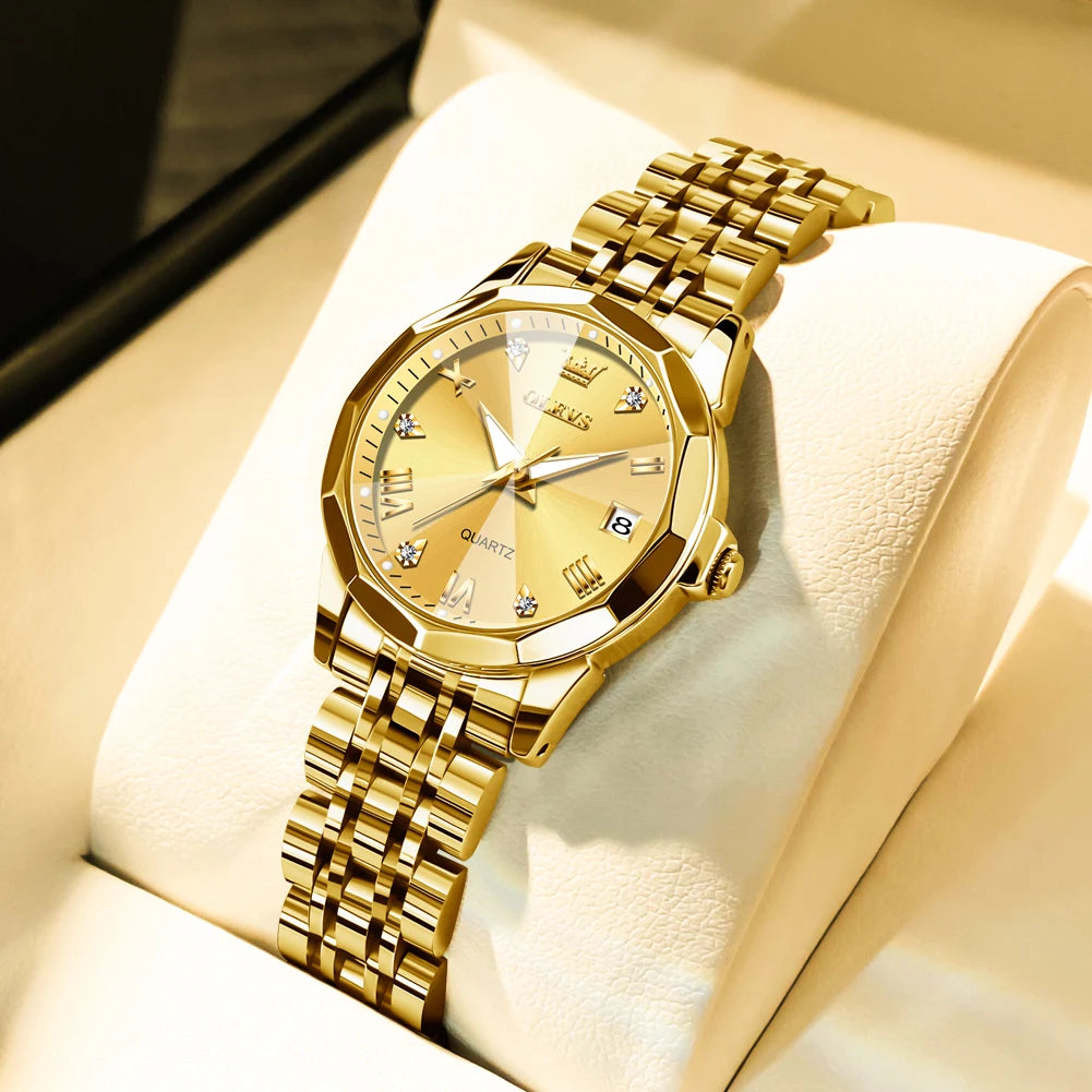 OLEVS Elegant Golden Women’s Quartz Watch – Stainless Steel, Waterproof Luxury Design