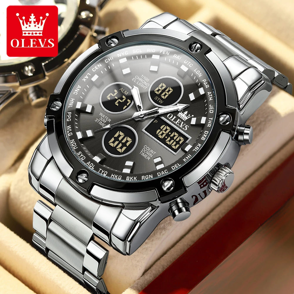 OLEVS Men’s LED Display Watch – Stainless Steel, Waterproof, Quartz, Trendy Sports & Fashion Design