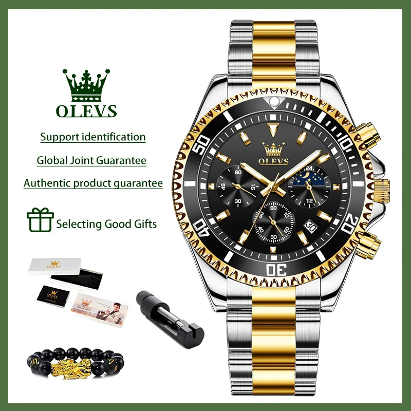 OLEVS 2870 Men’s Luxury Chronograph Watch – Moon Phase, Steel Band & Calendar