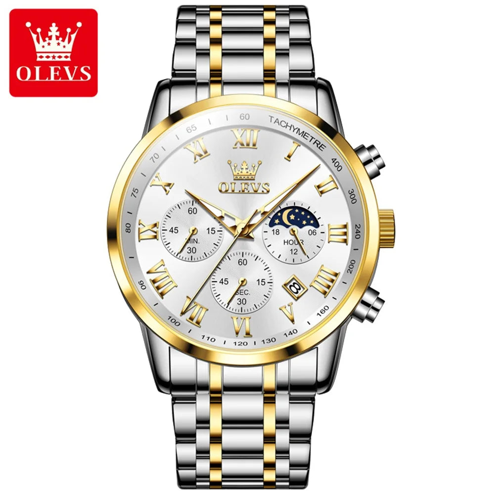 OLEVS Men’s Luxury Quartz Watch – Leather Strap, Waterproof, Moon Phase, Sport & Business Design