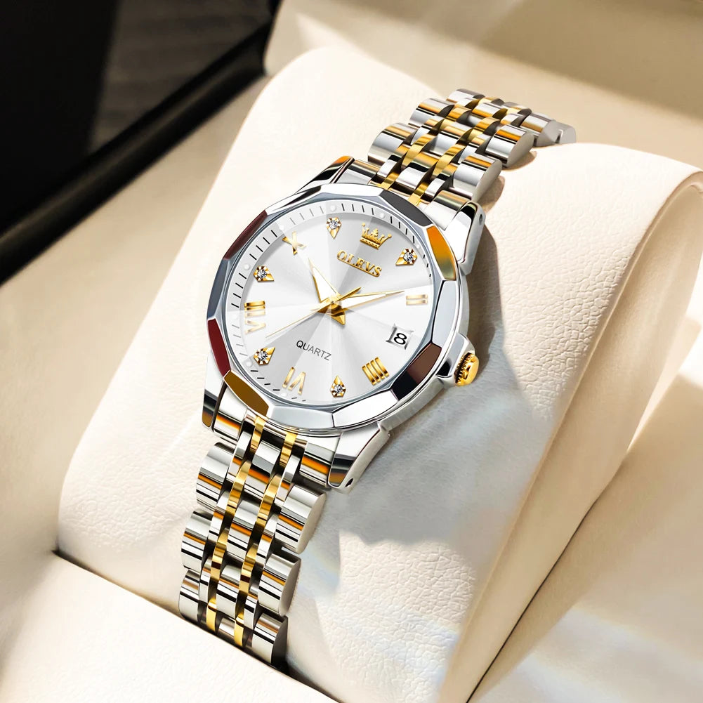 OLEVS Elegant Golden Women’s Quartz Watch – Stainless Steel, Waterproof Luxury Design