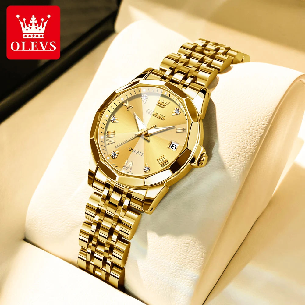 OLEVS Elegant Golden Women’s Quartz Watch – Stainless Steel, Waterproof Luxury Design