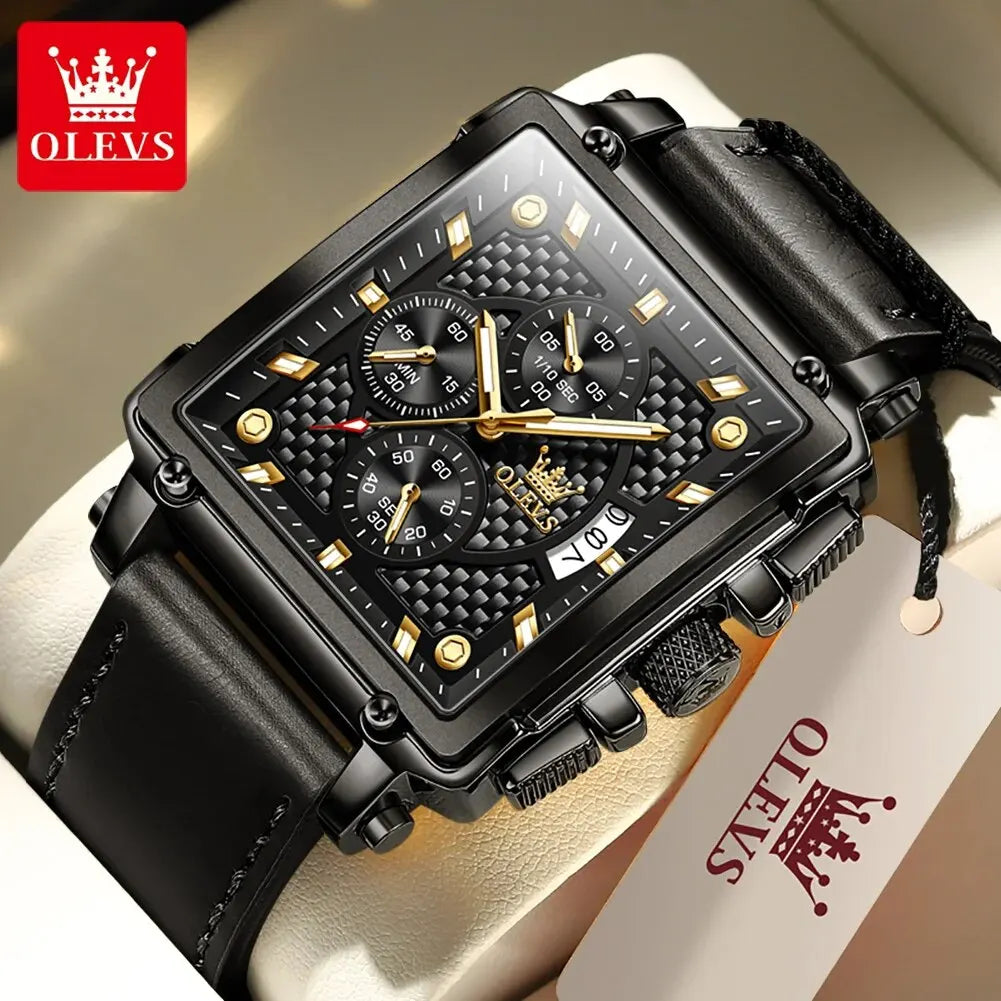 OLEVS Men’s Square Quartz Watch – Leather Strap, Waterproof, Luminous Chronograph, Luxury Sports Design
