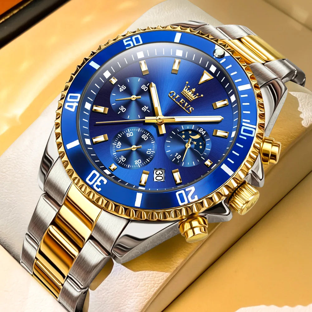 OLEVS 2870 Luxury Men’s Golden Watch – Fashion & Business Design, Waterproof, Moon Phase, Quartz Wristwatch