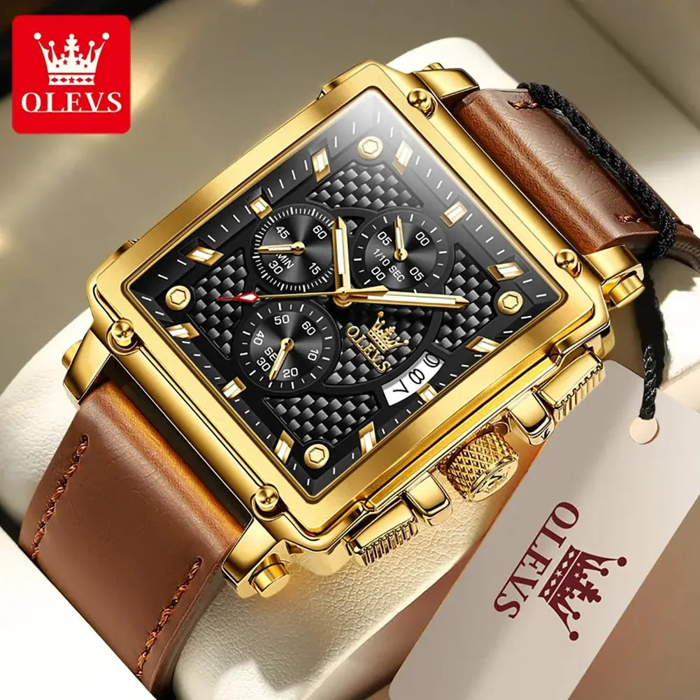 OLEVS Men’s Square Quartz Watch – Leather Strap, Waterproof, Luminous Chronograph, Luxury Sports Design