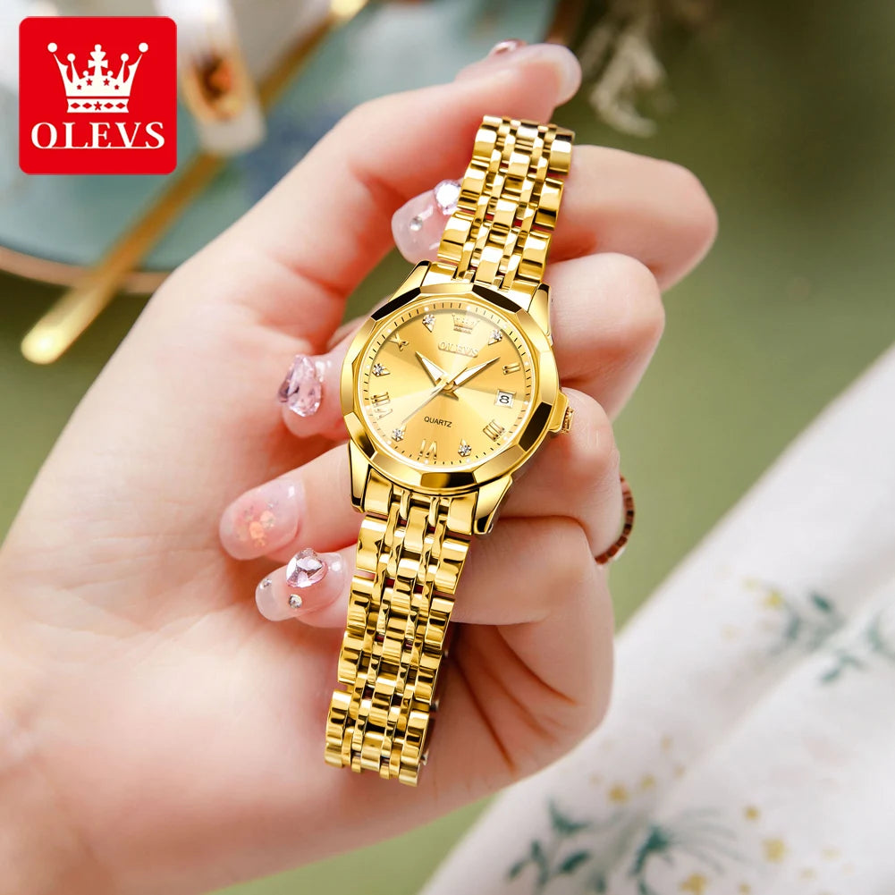 OLEVS Elegant Golden Women’s Quartz Watch – Stainless Steel, Waterproof Luxury Design