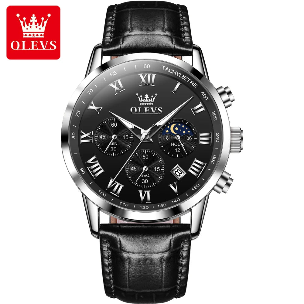 OLEVS Men’s Luxury Quartz Watch – Leather Strap, Waterproof, Moon Phase, Sport & Business Design