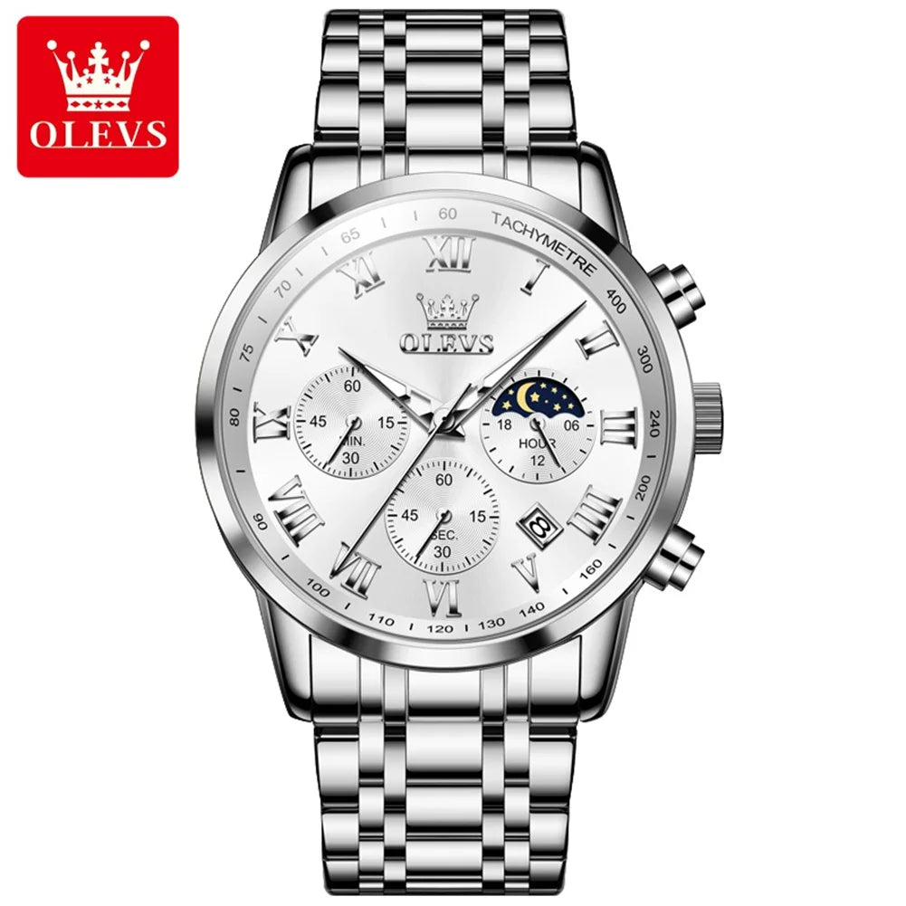 OLEVS Men’s Luxury Quartz Watch – Leather Strap, Waterproof, Moon Phase, Sport & Business Design