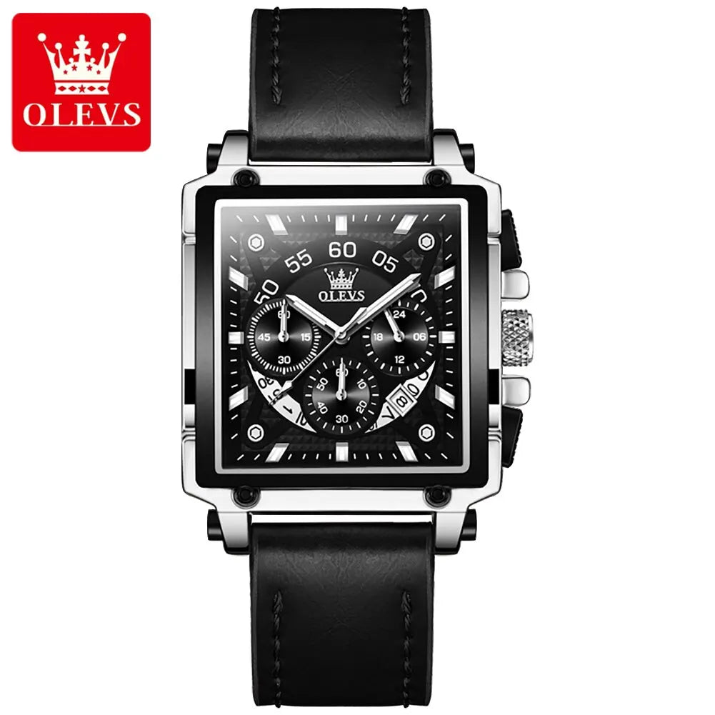 OLEVS Men’s Square Quartz Watch – Leather Strap, Waterproof, Sporty & Elegant Design