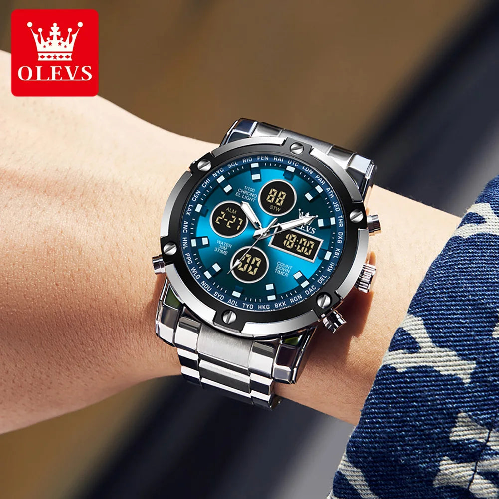 OLEVS Men’s LED Display Watch – Stainless Steel, Waterproof, Quartz, Trendy Sports & Fashion Design