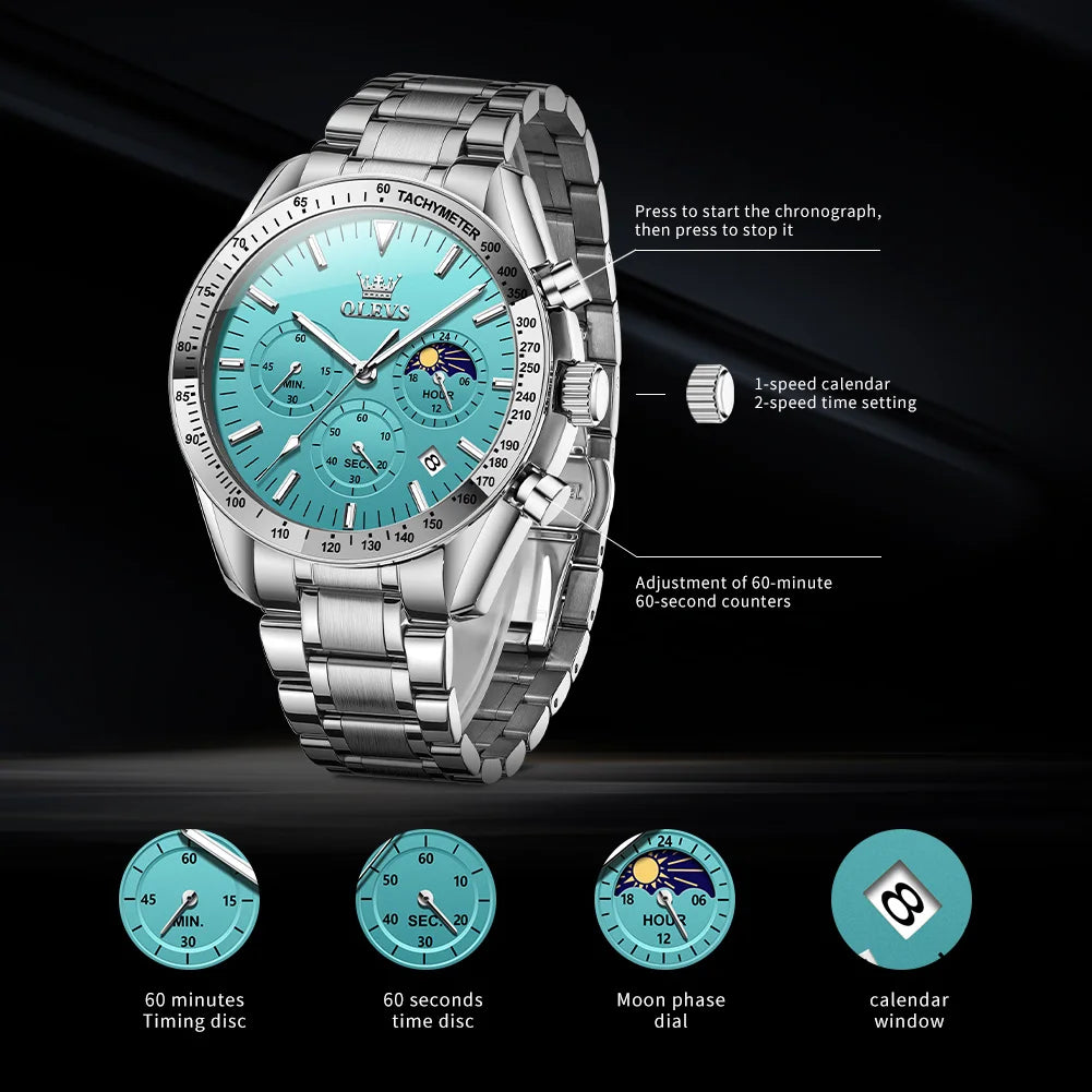 OLEVS Men’s Fashion Skeleton Quartz Watch – Moon Phase, Luminous, Calendar, Waterproof Chronometer