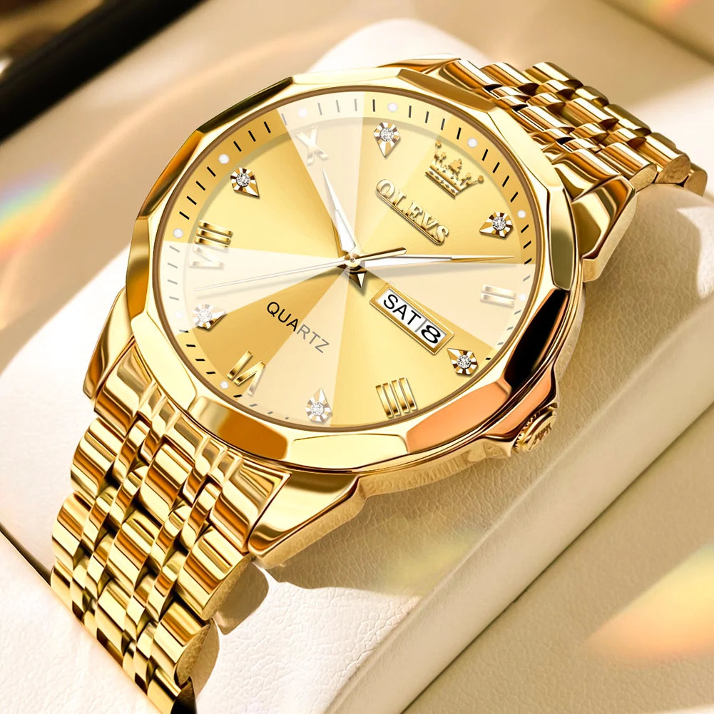 OLEVS Luxury Men’s Quartz Watch – Gold Stainless Steel, Waterproof