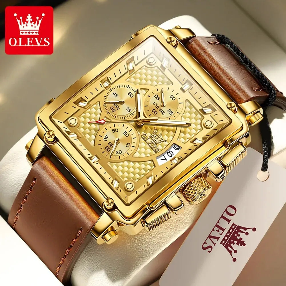 OLEVS Men’s Square Quartz Watch – Leather Strap, Waterproof, Luminous Chronograph, Luxury Sports Design