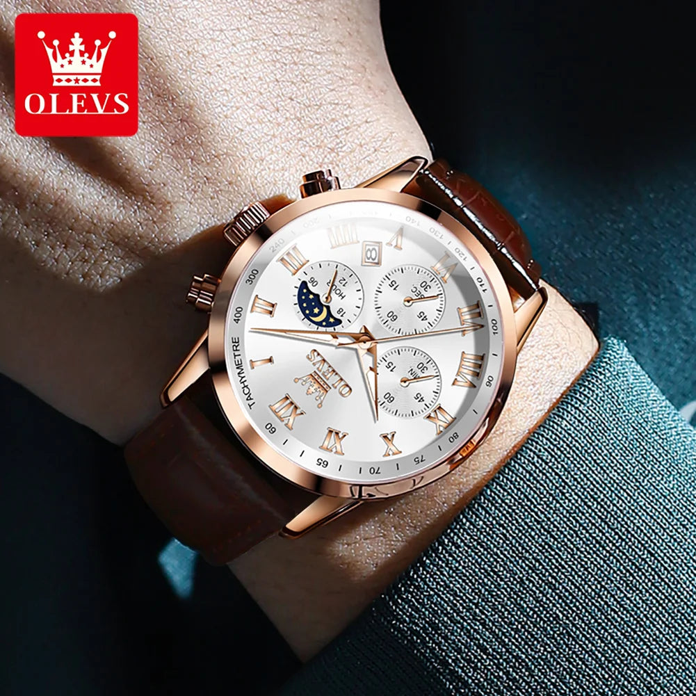 OLEVS Men’s Luxury Quartz Watch – Leather Strap, Waterproof, Moon Phase, Sport & Business Design