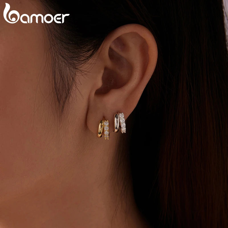 BAMOER 0.3CT Double-layer Moissanite Huggies 925 Silver Sparkling Hoop Earrings for Women