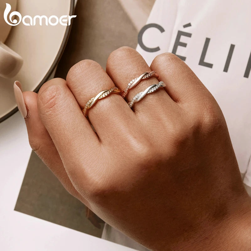 BAMOER 925 Silver Twisted CZ Gold Ring for Women