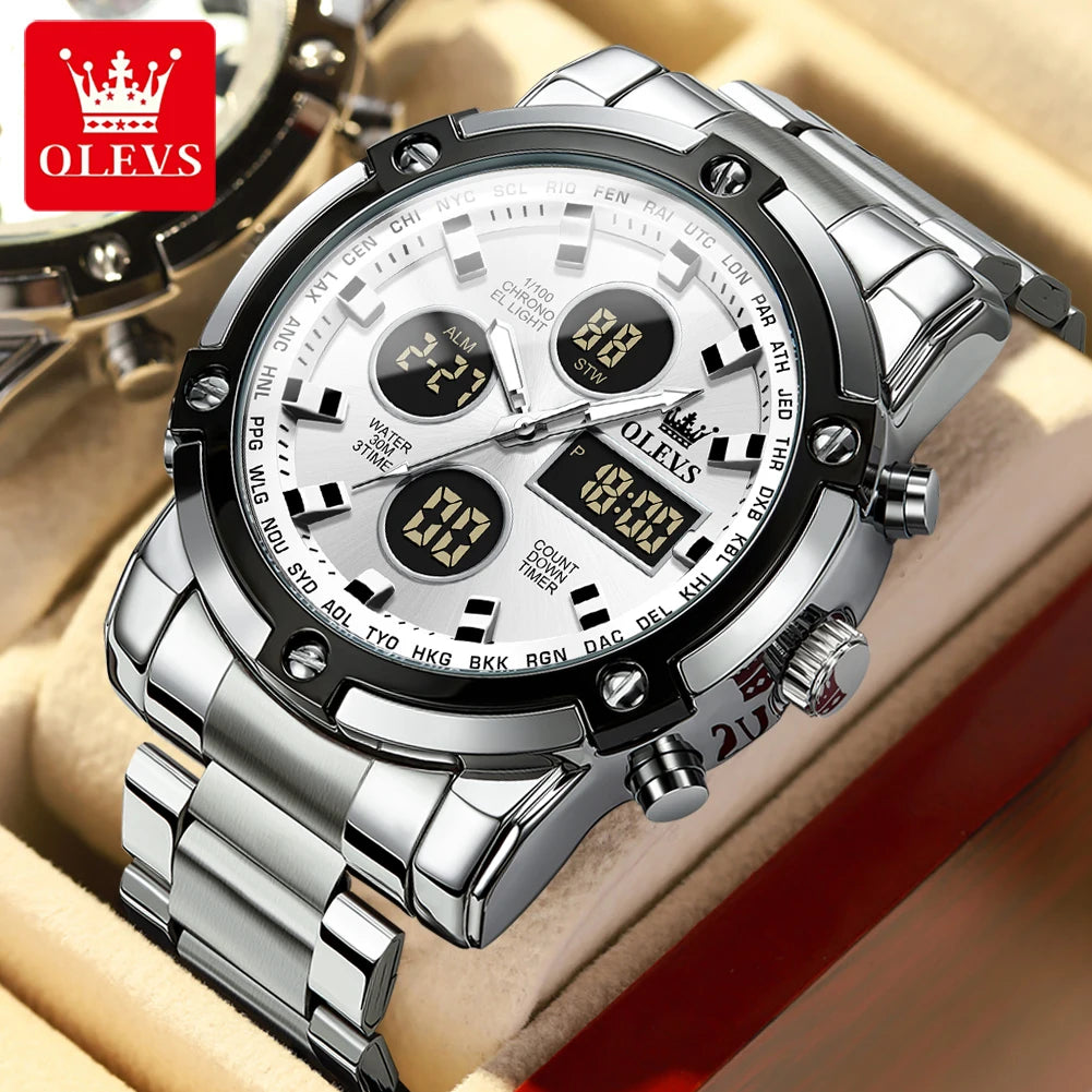OLEVS Men’s LED Display Watch – Stainless Steel, Waterproof, Quartz, Trendy Sports & Fashion Design