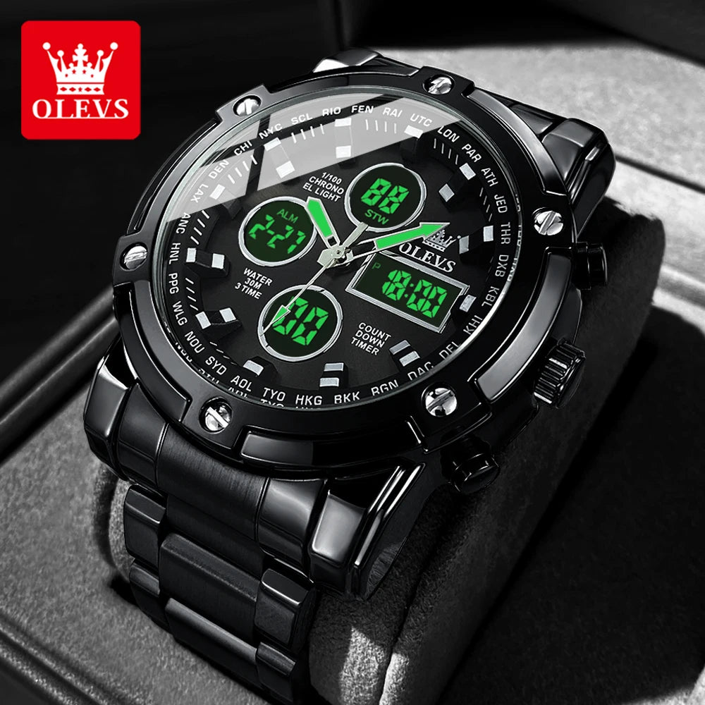 OLEVS Men’s LED Display Watch – Stainless Steel, Waterproof, Quartz, Trendy Sports & Fashion Design