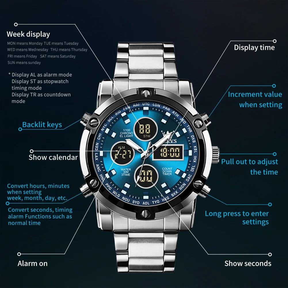 OLEVS Men’s LED Display Watch – Stainless Steel, Waterproof, Quartz, Trendy Sports & Fashion Design