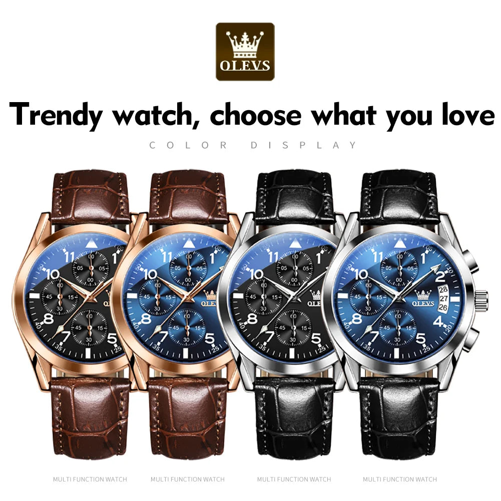 OLEVS 2878 Luxury Men’s Quartz Watch – Leather Strap, Waterproof, Luminous, Multifunctional Business & Sports Design
