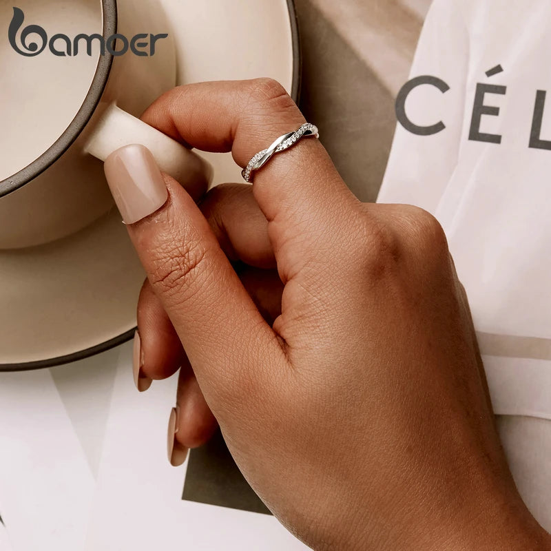 BAMOER 925 Silver Twisted CZ Gold Ring for Women