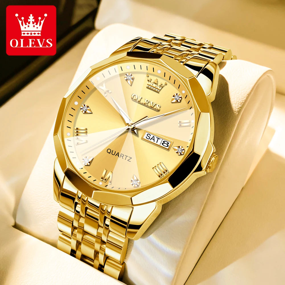 OLEVS Luxury Men’s Quartz Watch – Gold Stainless Steel, Waterproof