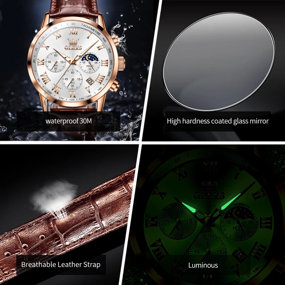 OLEVS Men’s Luxury Quartz Watch – Leather Strap, Waterproof, Moon Phase, Sport & Business Design