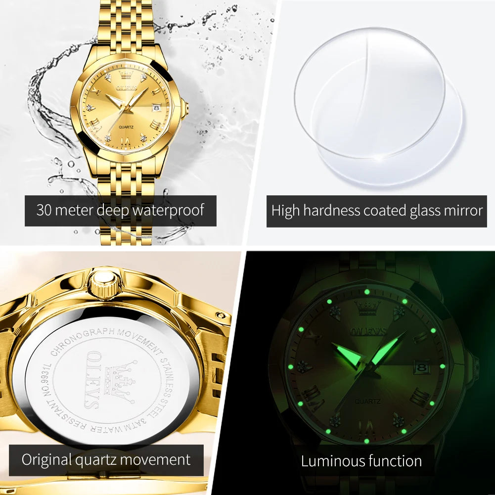 OLEVS Elegant Golden Women’s Quartz Watch – Stainless Steel, Waterproof Luxury Design