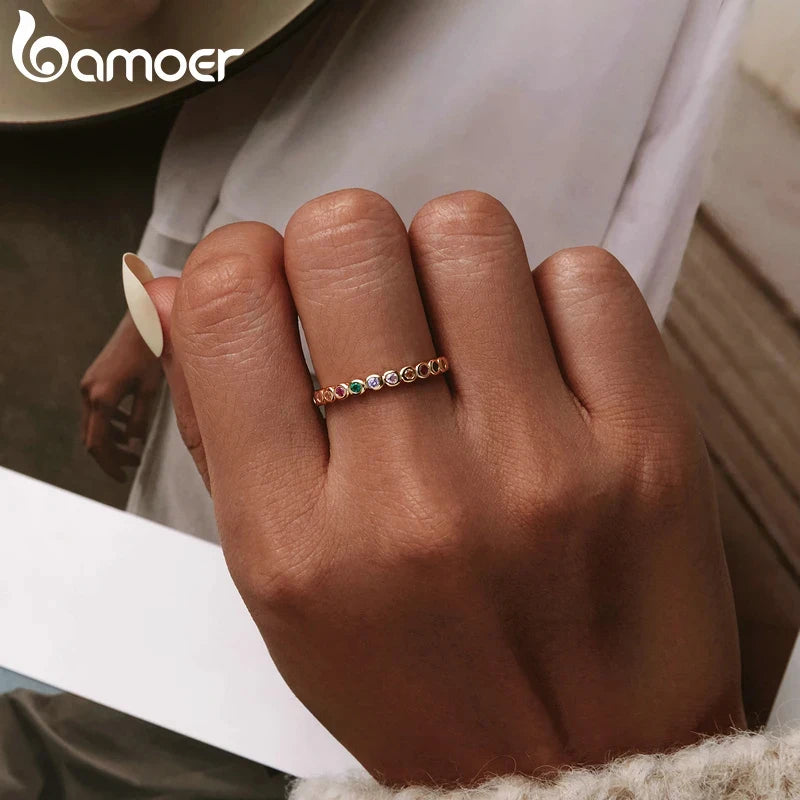 BAMOER Rainbow Zircon Stackable Ring