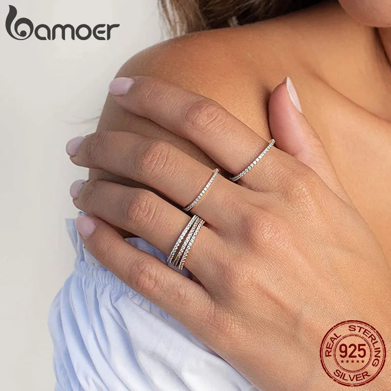 BAMOER 925 Sterling Silver CZ Pave Stackable Ring – Gold Plated Eternity Band