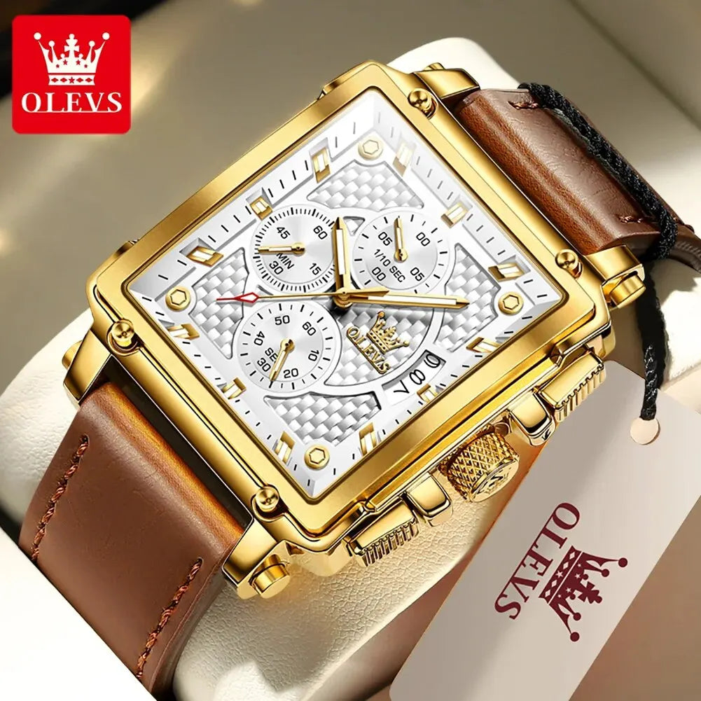 OLEVS Men’s Square Quartz Watch – Leather Strap, Waterproof, Luminous Chronograph, Luxury Sports Design
