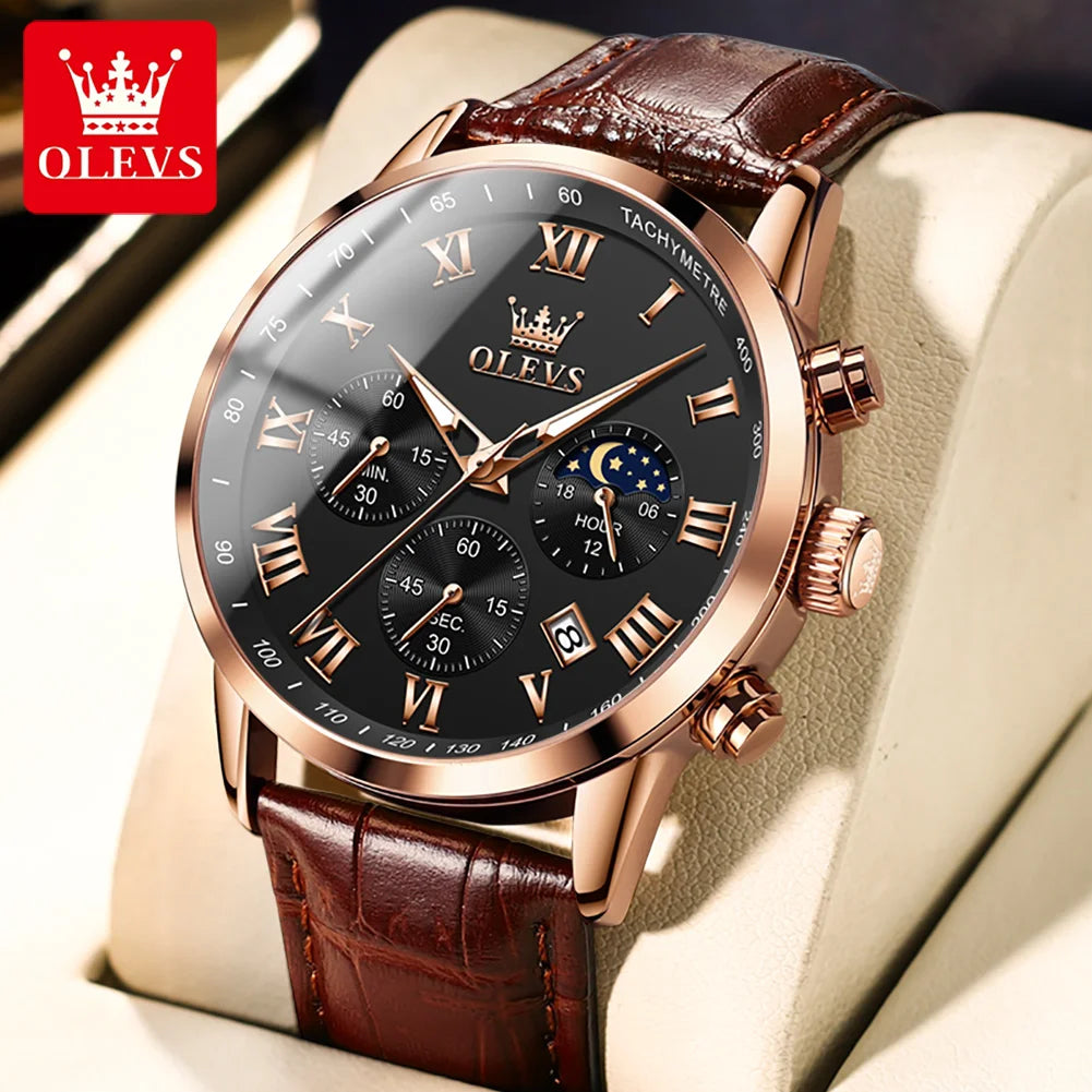OLEVS Men’s Luxury Quartz Watch – Leather Strap, Waterproof, Moon Phase, Sport & Business Design