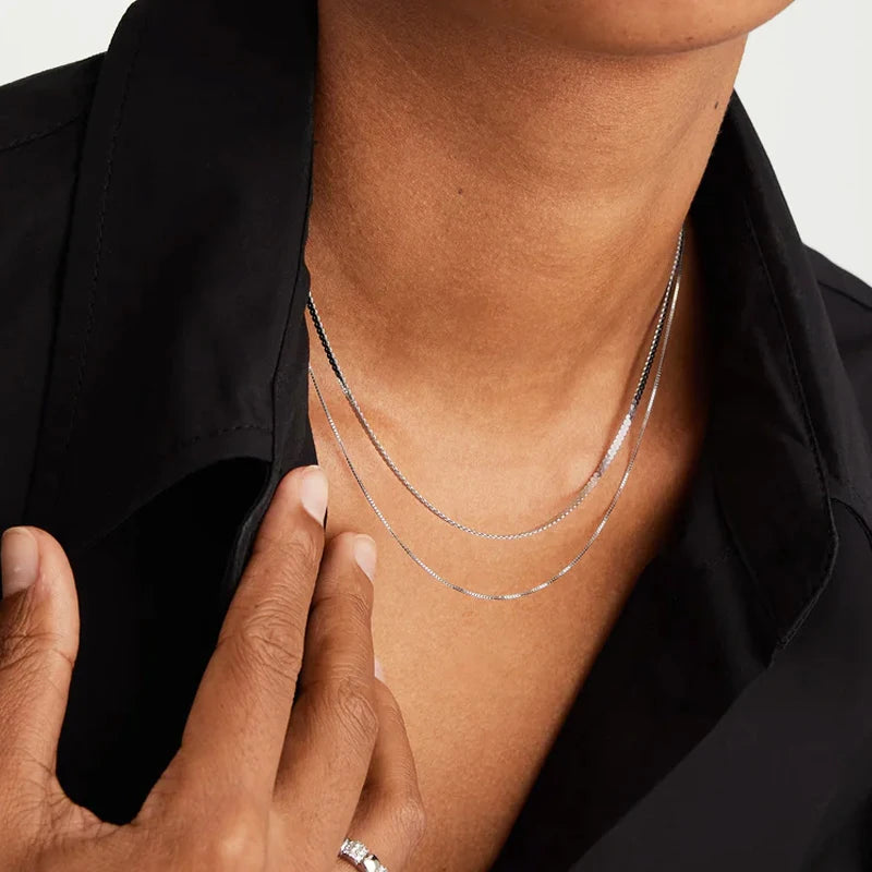 BAMOER 925 Sterling Silver Solid Gold Box Chain Necklace for Women – 0.8mm Thin & Durable