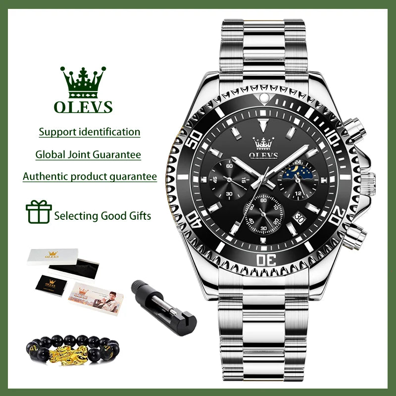OLEVS 2870 Men’s Luxury Chronograph Watch – Moon Phase, Steel Band & Calendar