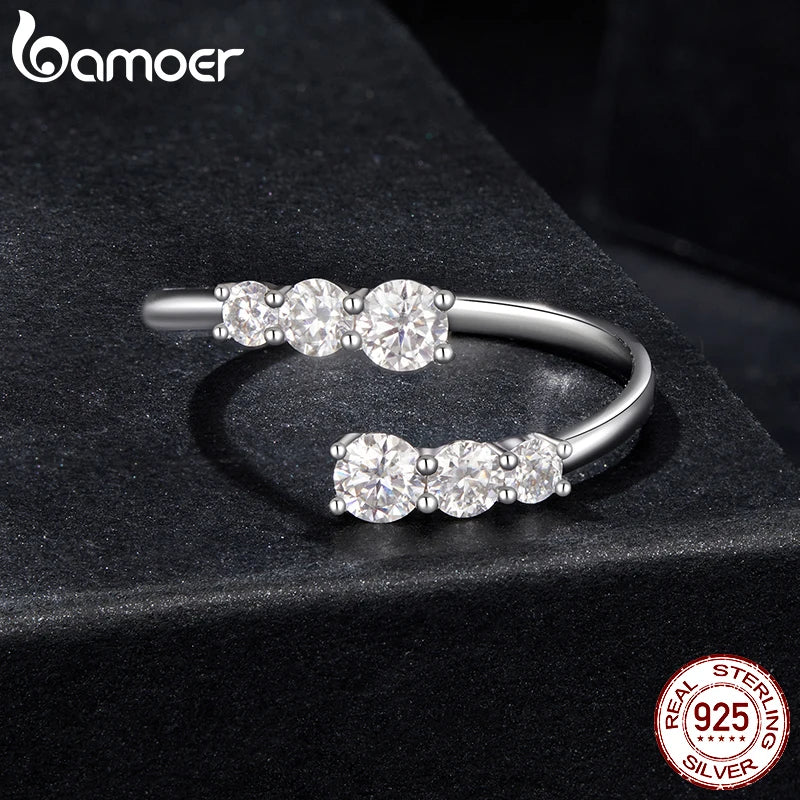 BAMOER Moissanite Adjustable 925 Silver Ring – Elegant White Gold Plated Engagement Jewelry