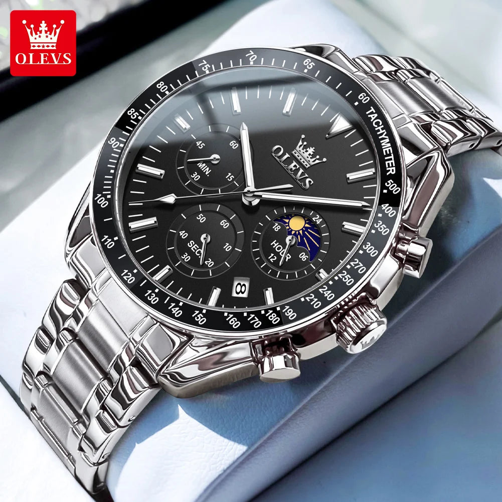 OLEVS Men’s Fashion Skeleton Quartz Watch – Moon Phase, Luminous, Calendar, Waterproof Chronometer