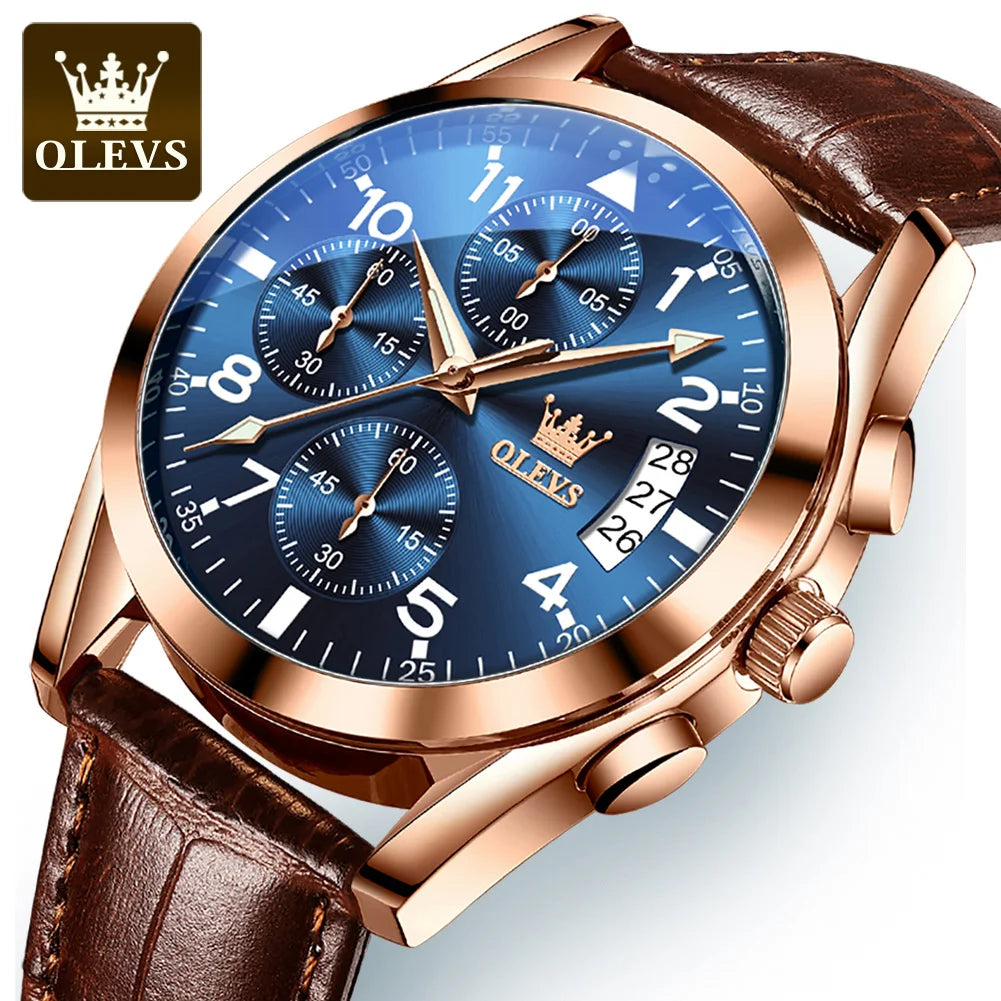 OLEVS 2878 Luxury Men’s Quartz Watch – Leather Strap, Waterproof, Luminous, Multifunctional Business & Sports Design